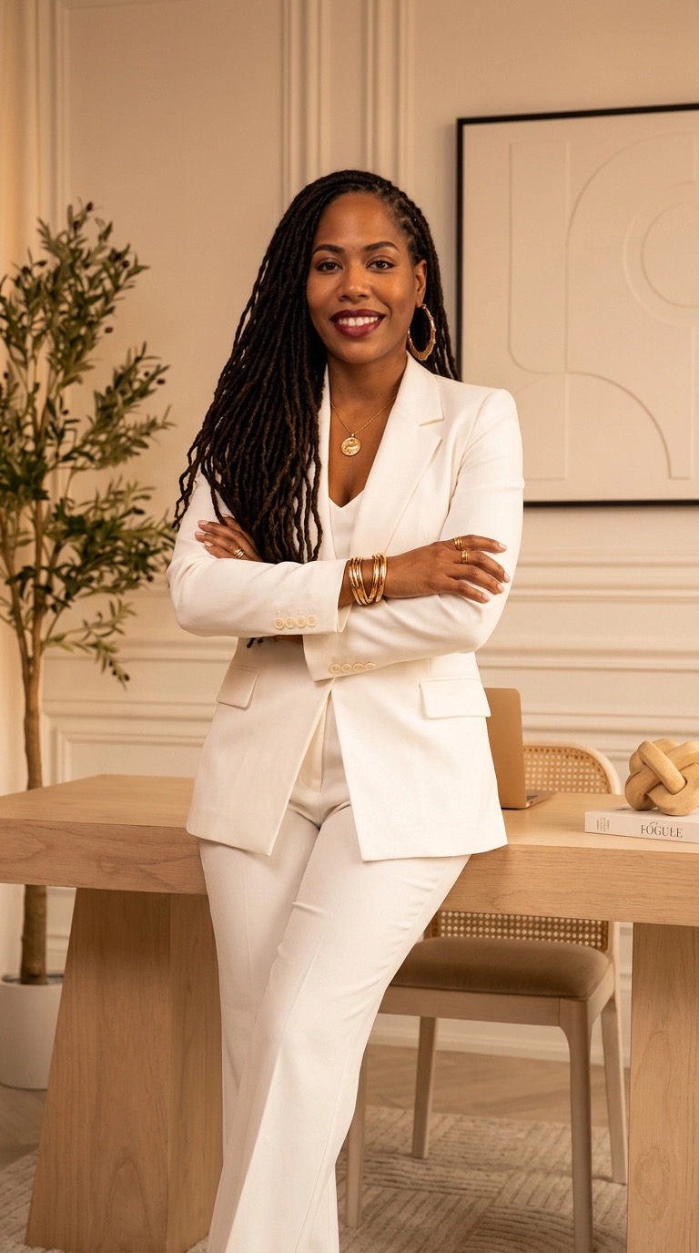 Carmelle Emmanuel in a white suit, leaning against a desk