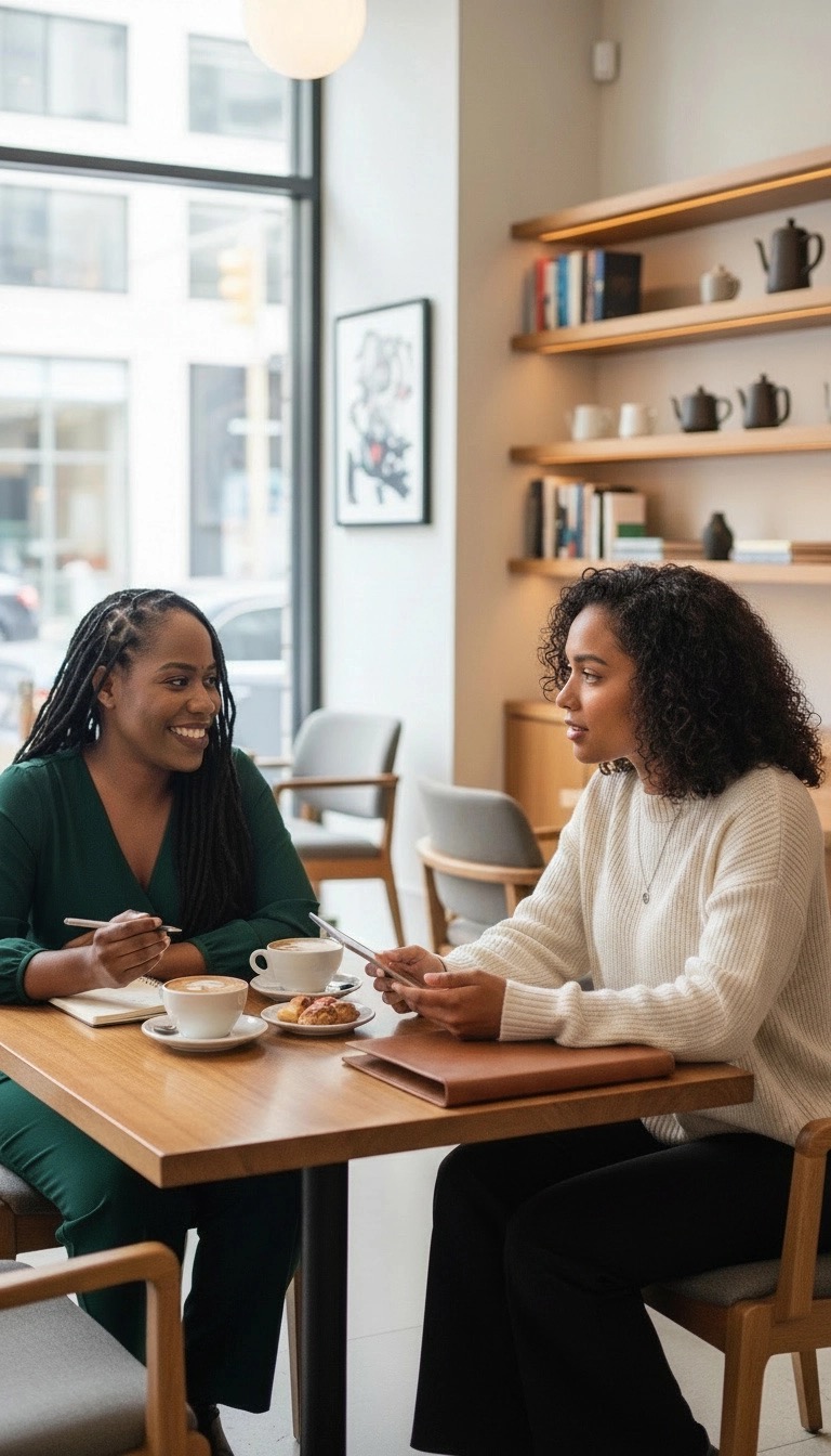 Two women in focused conversation over coffee — a consulting session in progress